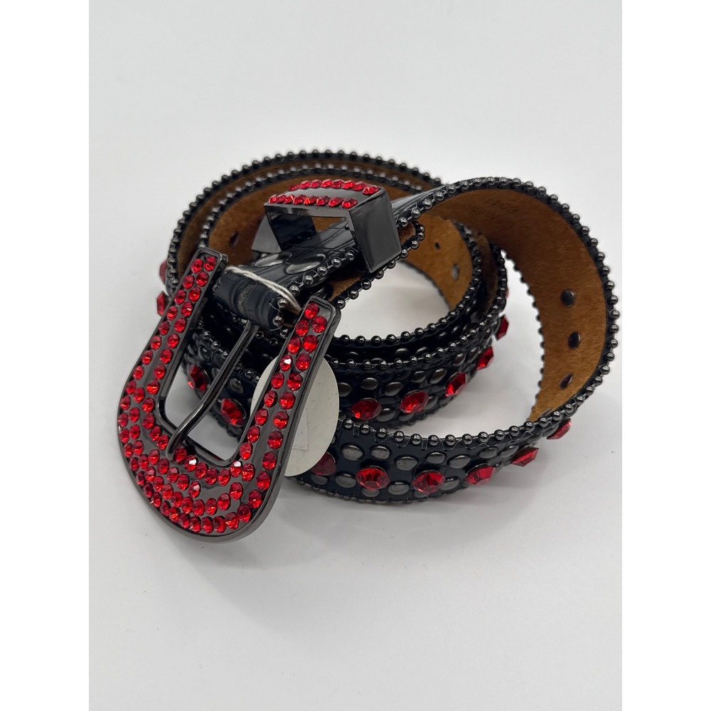 Western Rhinestone Studded Black Leather Belt Red Crystals Y2K Style Size SM